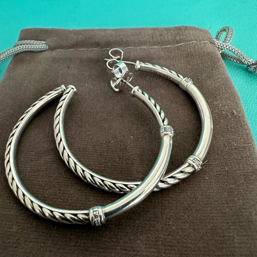 David Yurman Large Metro Cable Hoops with Diamonds Sterling Silver and 14k stems